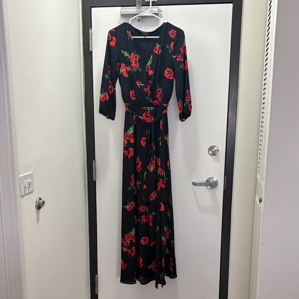 Express Black Maxi Dress with Red Floral Pattern